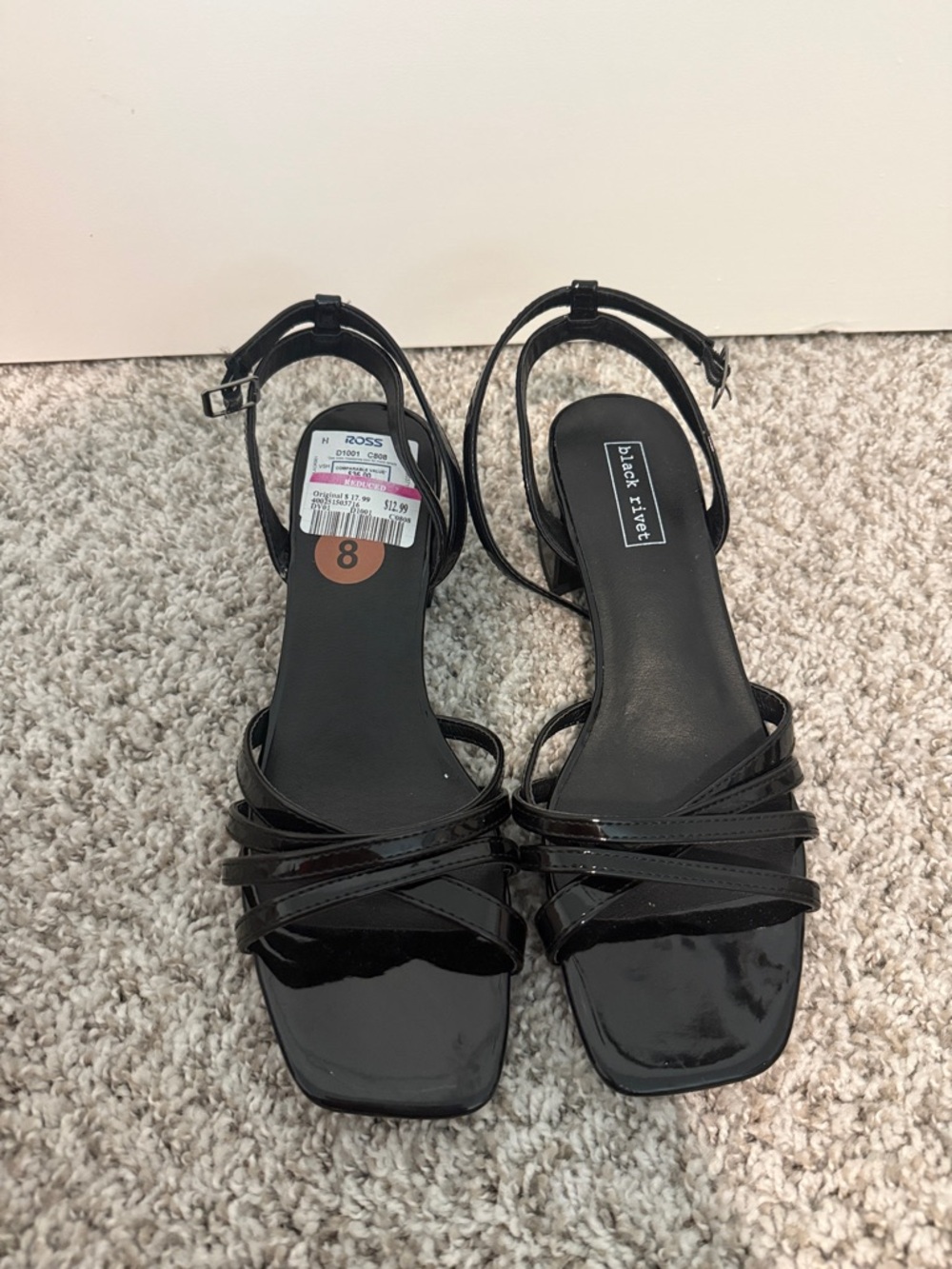 NWT Black Rivet Glossy Black Strappy Square-Toe Heels